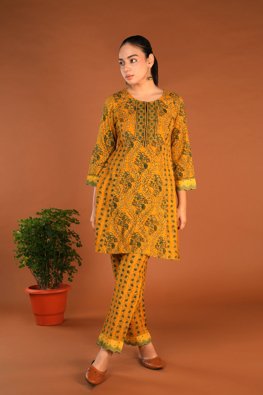 Image of Spicy Mustard Ajrak handblock printed Kurta and pants set